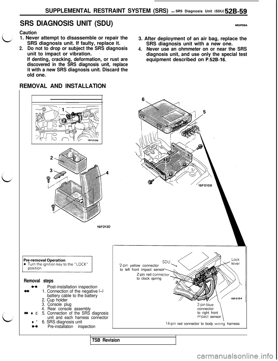 MITSUBISHI 3000GT 1991  Service Manual SUPPLEMENTAL RESTRAINT SYSTEM (SRS)- SRS Diagnosis Unit (SDU) 52B-59
SRS DIAGNOSIS UNIT (SDU)M52PDBA
Caution1. Never attempt to disassemble or repair the
SRS diagnosis unit. If faulty, replace it.
2.D