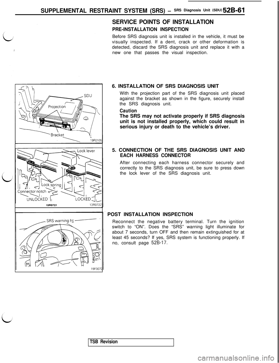 MITSUBISHI 3000GT 1991  Service Manual SUPPLEMENTAL RESTRAINT SYSTEM (SRS) -SRS Diagnosis Unit (SDU) 52B-611330721
13R072i
ht-----
SERVICE POINTS OF INSTALLATION
PRE-INSTALLATION INSPECTIONBefore SRS diagnosis unit is installed in the vehi