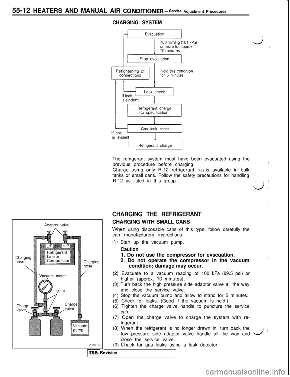 MITSUBISHI 3000GT 1991  Service Manual 55-12 HEATERS AND MANUAL AIR CONDITIONER - Service Adjustment Procedures
CHARGING SYSTEMAdaDtor valve
Vacuum meter20MOli
l-TSB IHold this conditron
for 5 minutes.
Gas leak check
is evident
1
/ Refrige