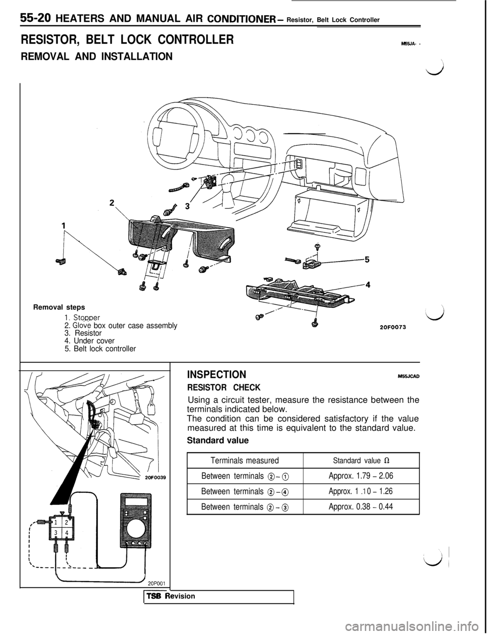 MITSUBISHI 3000GT 1991  Service Manual 55-20 HEATERS AND MANUAL AIR CONDlTlONER - Resistor, Belt Lock Controller
RESISTOR, BELT LOCK CONTROLLERM55JA- -
REMOVAL AND INSTALLATION
viRemoval steps
1. Stoooer
2OFOO732. Globk box outer case asse