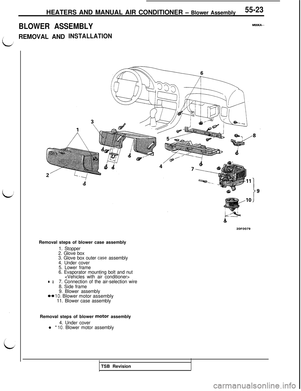 MITSUBISHI 3000GT 1991  Service Manual HEATERS AND MANUAL AIR CONDITIONER - Blower Assembly55-23
BLOWER ASSEMBLY
M55KA- _
/REMOVAL ANDINSTALLATION2OFOO79
Removal steps of blower case assembly
1. Stopper
2. Glove box
3. Glove box outer 
cas