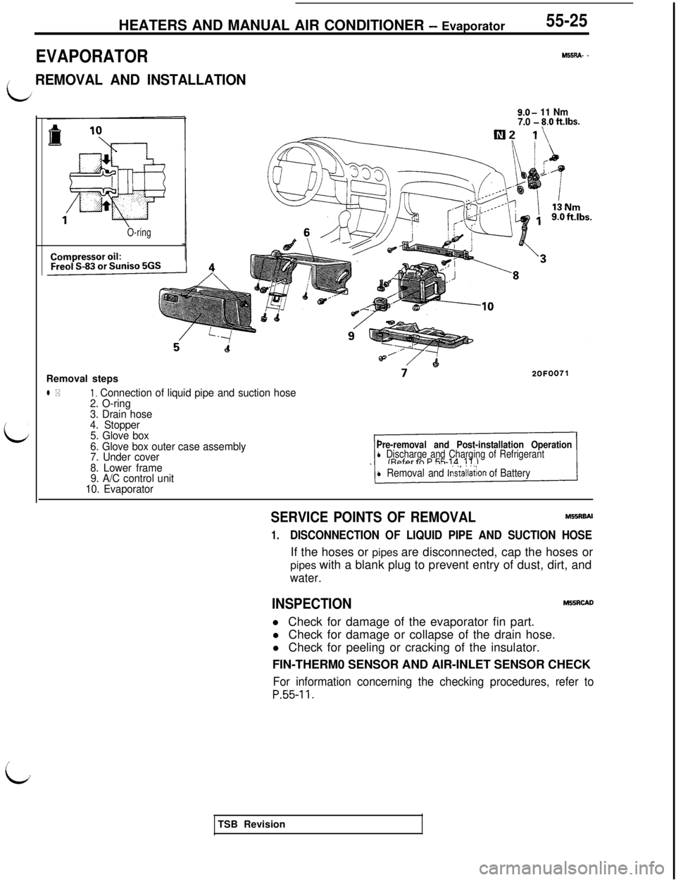 MITSUBISHI 3000GT 1991  Service Manual HEATERS AND MANUAL AIR CONDITIONER - Evaporator55-25
EVAPORATOR
M55RA- -
/REMOVAL AND INSTALLATION
9.0- 11 Nm
7.0 - 8.0 ftlbs.
i
O-ringRemoval steps
l *I, Connection of liquid pipe and suction hose
2.