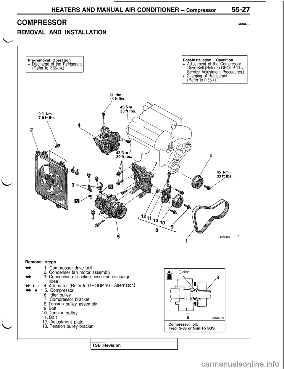 MITSUBISHI 3000GT 1991  Service Manual HEATERS AND MANUAL AIR CONDITIONER - Compressor55-27
COMPRESSOR
M55SA- -
/REMOVAL AND INSTALLATION
iJ
iPre-removal Operation
l Discharge of the Refrigerant(Refer to P.55-14.)9.0 Nm
7.Oft.lbs.
\Post-in