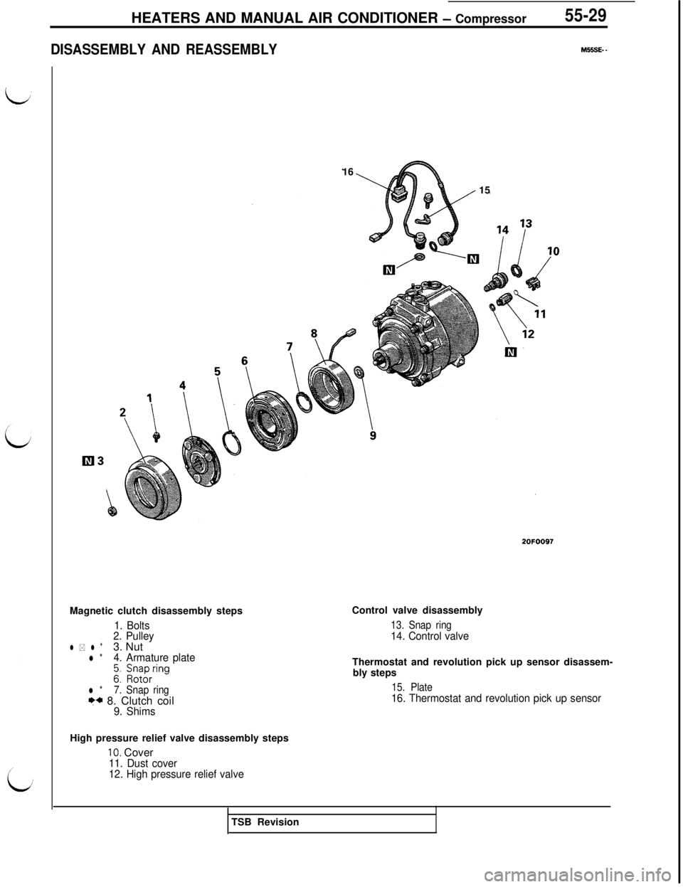 MITSUBISHI 3000GT 1991 Service Manual HEATERS AND MANUAL AIR CONDITIONER - Compressor
DISASSEMBLY AND REASSEMBLY
55-29
M55SE- -16
152OFOO97
Magnetic clutch disassembly steps
1. Bolts
2. Pulley
l * l *3. Nutl *4. Armature plate
gI i;yirrin MITSUBISHI 3000GT 1991 Service Manual HEATERS AND MANUAL AIR CONDITIONER - Compressor
DISASSEMBLY AND REASSEMBLY
55-29
M55SE- -16
152OFOO97
Magnetic clutch disassembly steps
1. Bolts
2. Pulley
l * l *3. Nutl *4. Armature plate
gI i;yirrin