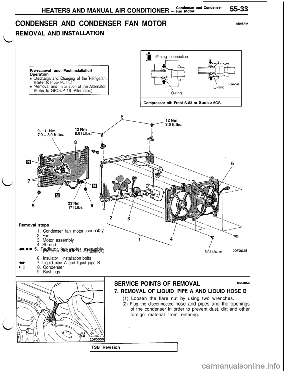 MITSUBISHI 3000GT 1991 Service Manual HEATERS AND MANUAL AIR CONDITIONER - ::“dE:; and Condenser55-33
CONDENSER AND CONDENSER FAN MOTOR
MFSTA-A
idREMOVAL AND
IlilSTALLATlONPre-removal and Post-installation
l Discharge and Charging of t MITSUBISHI 3000GT 1991 Service Manual HEATERS AND MANUAL AIR CONDITIONER - ::“dE:; and Condenser55-33
CONDENSER AND CONDENSER FAN MOTOR
MFSTA-A
idREMOVAL AND
IlilSTALLATlONPre-removal and Post-installation
l Discharge and Charging of t