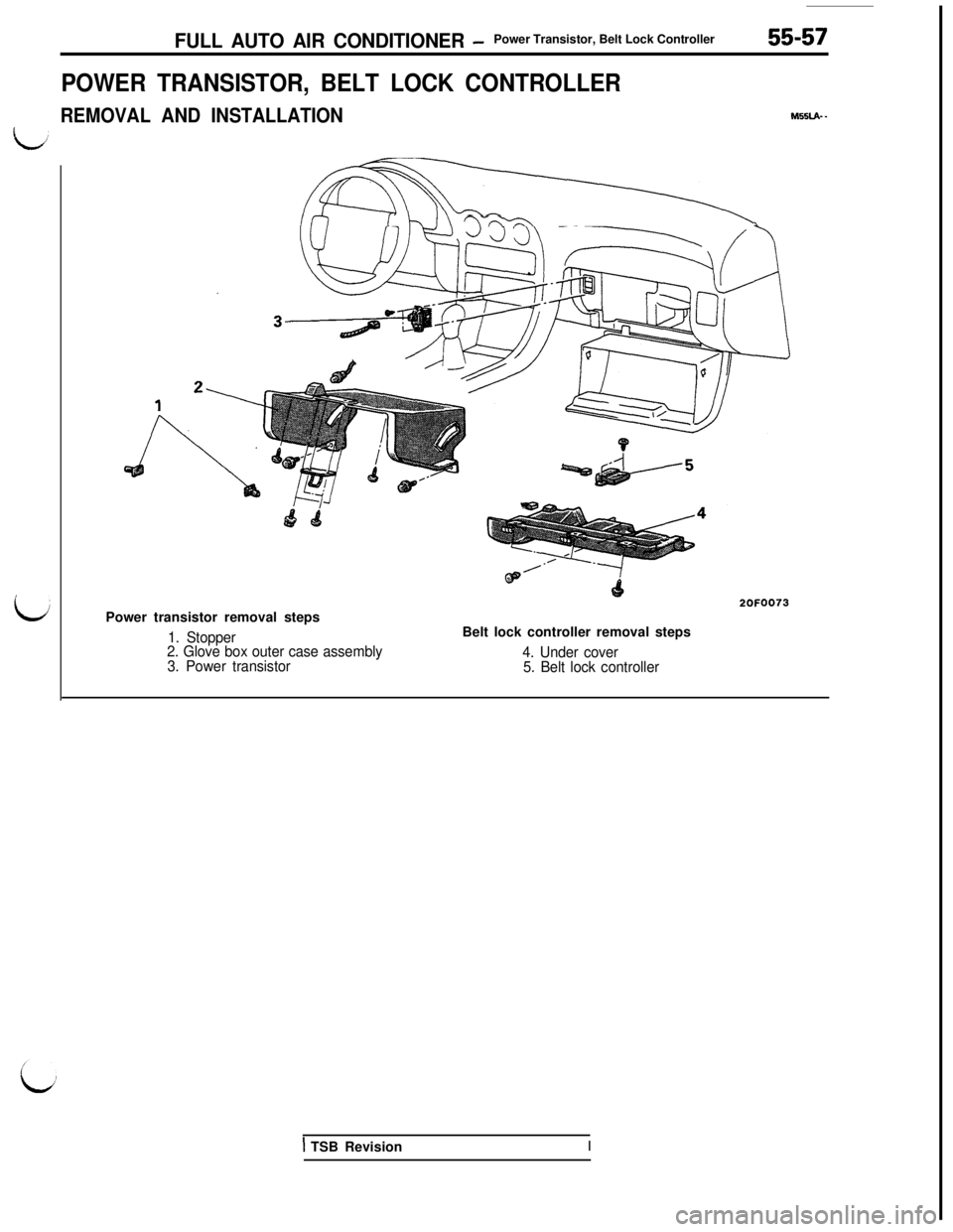 MITSUBISHI 3000GT 1991  Service Manual FULL AUTO AIR CONDITIONER -Power Transistor, Belt Lock Controller55-57
POWER TRANSISTOR, BELT LOCK CONTROLLER
REMOVAL AND INSTALLATION
J?nPower transistor removal steps
1. Stopper
2. Glove box outer c