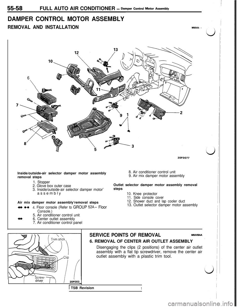 MITSUBISHI 3000GT 1991  Service Manual 55-58FULL AUTO AIR CONDITIONER - Damper Control Motor As=W
DAMPER CONTROL MOTOR ASSEMBLY
REMOVAL AND INSTALLATIONM55VA- -
6
\
2OFOO77Inside/outside-air selector damper motor assembly
removal steps
8. 