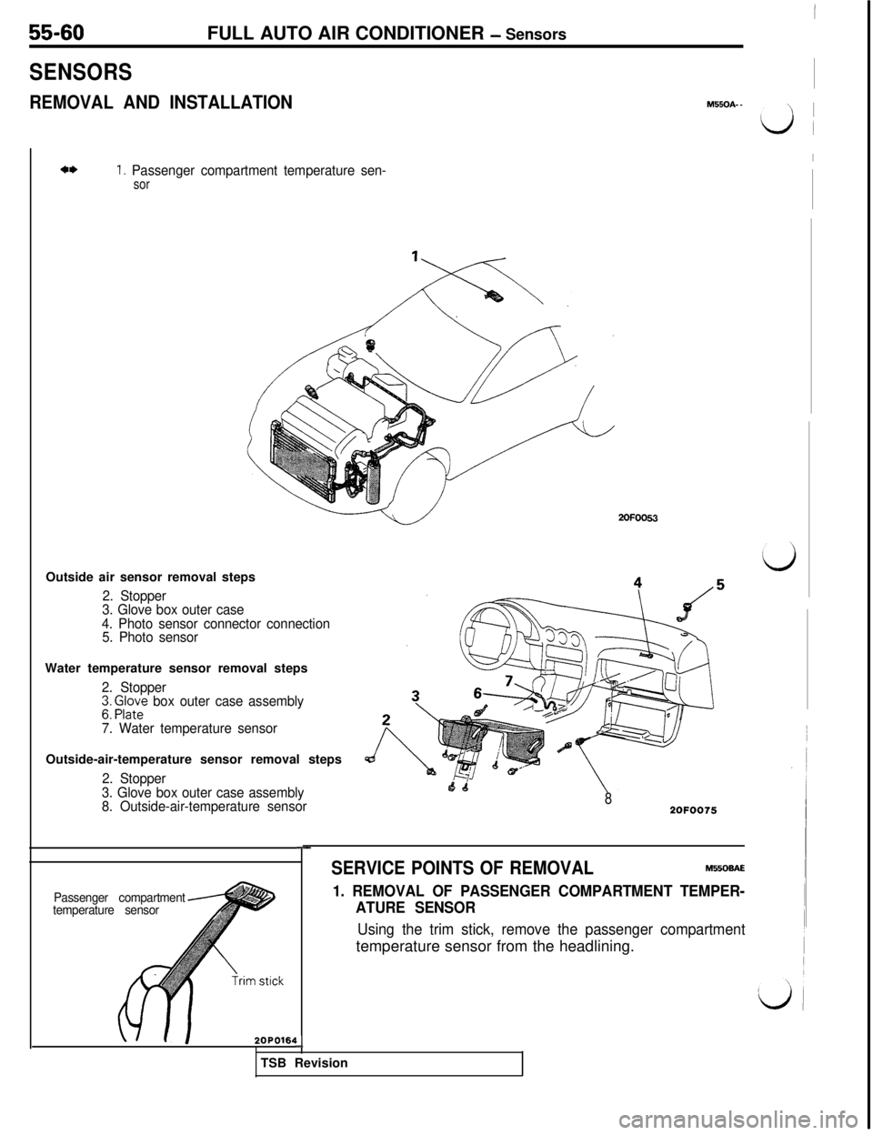 MITSUBISHI 3000GT 1991  Service Manual 55-60
SENSORSFULL AUTO AIR CONDITIONER 
- Sensors
REMOVAL AND INSTALLATIONM550A- _
4*1. Passenger compartment temperature sen-sor2OFOO63
Outside air sensor removal steps
2. Stopper
3. Glove box outer 