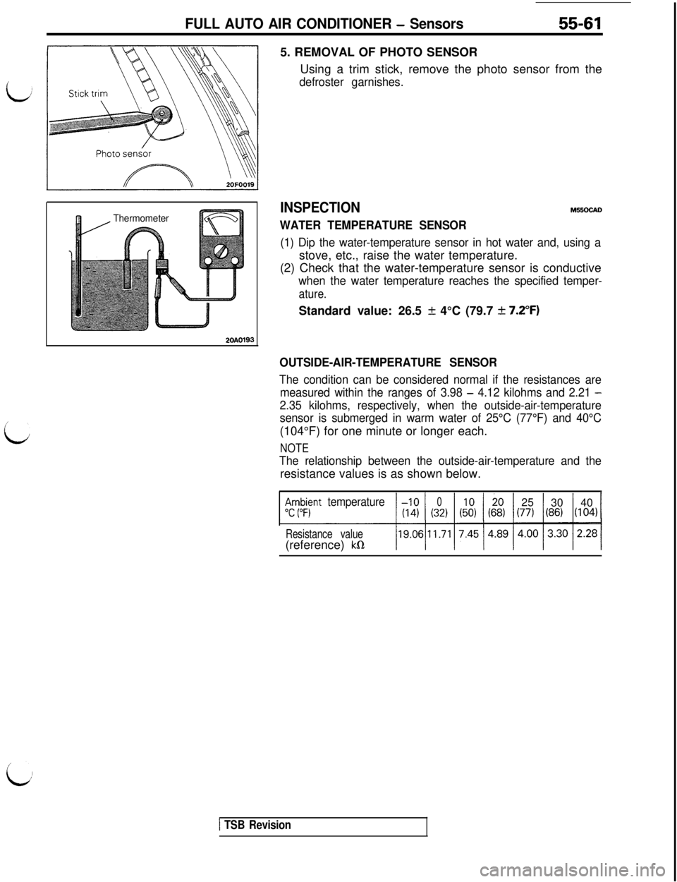 MITSUBISHI 3000GT 1991  Service Manual FULL AUTO AIR CONDITIONER - Sensors55-615. REMOVAL OF PHOTO SENSOR
Using a trim stick, remove the photo sensor from the
defroster garnishes.
Thermometer
2OAO19:
c
3
INSPECTIONM55OcALl
WATER TEMPERATUR