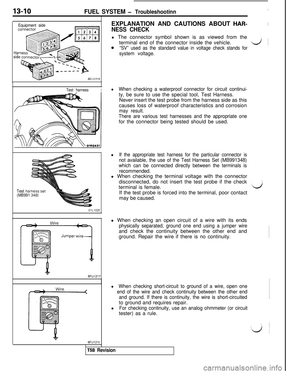 MITSUBISHI 3000GT 1991 Service Manual 13-10FUEL SYSTEM - Troubleshootinn
Equipment side
Hasid
6Fl1171f
Test harnessI
Test hai(MB991OlL102E
6FU1217
<EXPLANATION AND CAUTIONS ABOUT
HAR-I
NESS CHECKl The connector symbol shown is as viewed MITSUBISHI 3000GT 1991 Service Manual 13-10FUEL SYSTEM - Troubleshootinn
Equipment side
Hasid
6Fl1171f
Test harnessI
Test hai(MB991OlL102E
6FU1217
<EXPLANATION AND CAUTIONS ABOUT
HAR-I
NESS CHECKl The connector symbol shown is as viewed