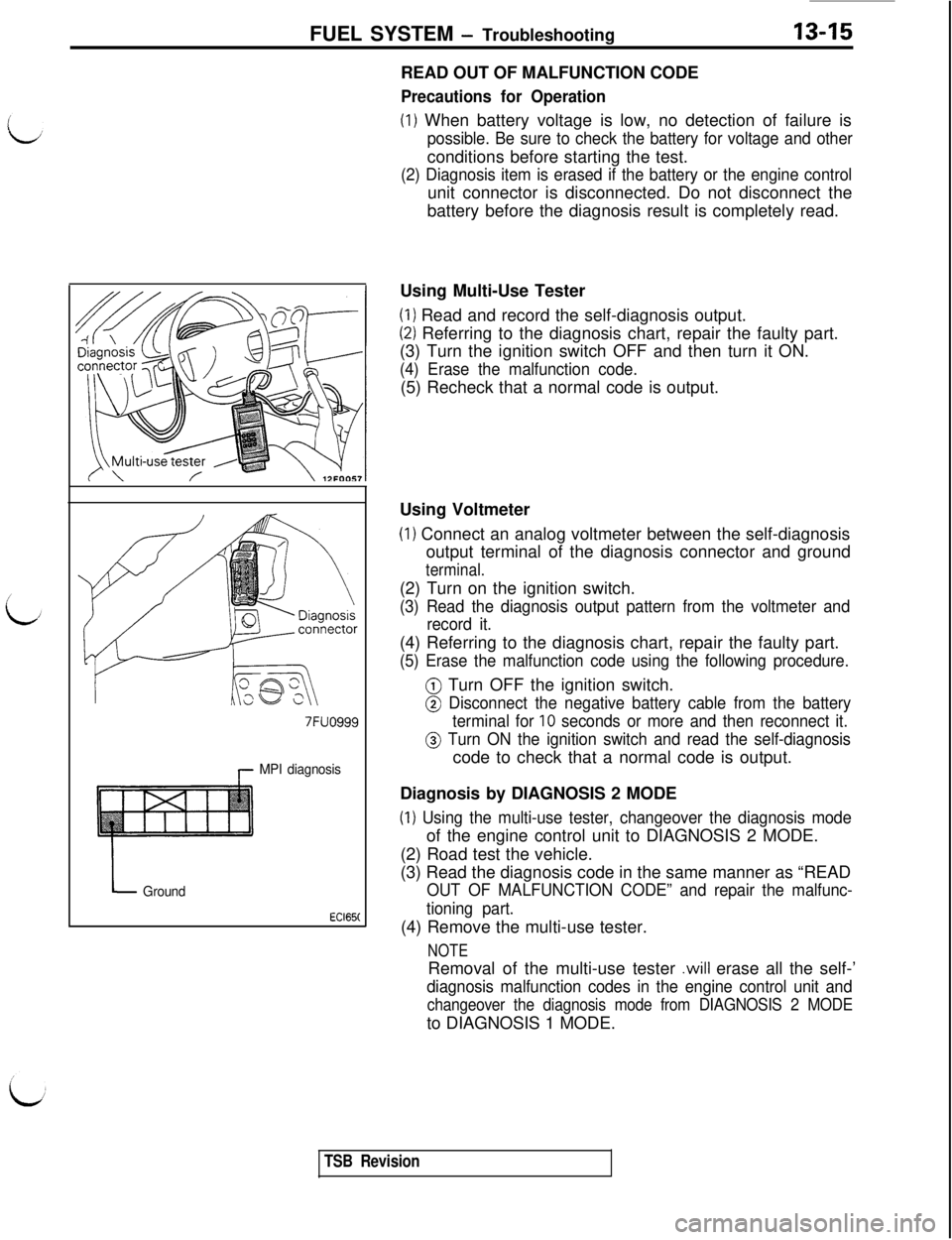 MITSUBISHI 3000GT 1991  Service Manual FUEL SYSTEM - Troubleshooting13-15READ OUT OF MALFUNCTION CODE
Precautions for Operation
(1) When battery voltage is low, no detection of failure is
possible. Be sure to check the battery for voltage 