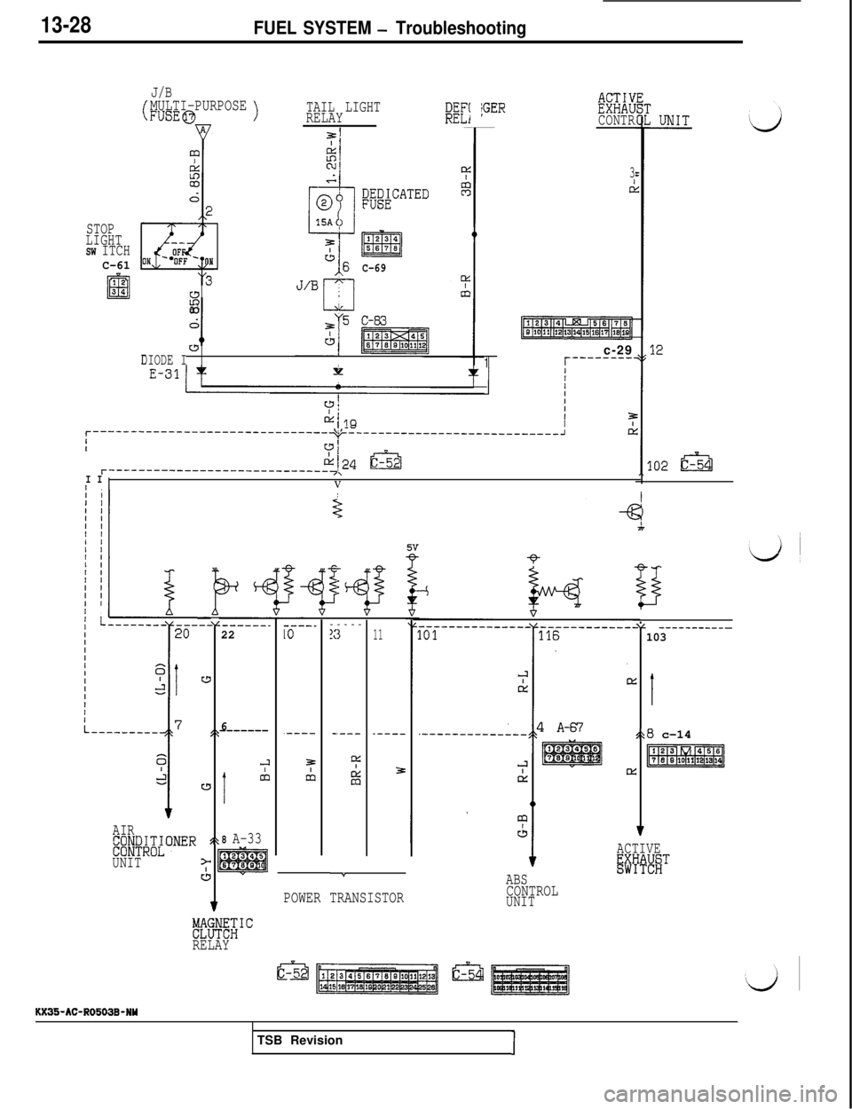 MITSUBISHI 3000GT 1991  Service Manual 13-28FUEL SYSTEM - Troubleshooting
J/B
(MULTI-PURPOSEFUSE@>TAIL LIGHTRELAYDEF(RELfjGERKixCONTR
m
ONC-69(3I
if2-
L&ia3
dd
I0_-w1DIODE II
3
d
STOP
LIGHT
SW ITCHC-6112
El34c-29
1r--------
fII
--__---_-