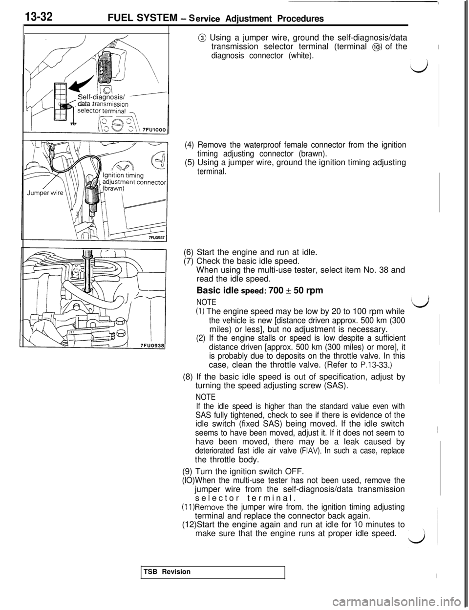 MITSUBISHI 3000GT 1991  Service Manual 13-32FUEL SYSTEM - Service Adjustment Procedures
@ Using a jumper wire, ground the self-diagnosis/data
transmission selector terminal (terminal 
@) of theI
diagnosis connector (white).
dSelf-diagnosis