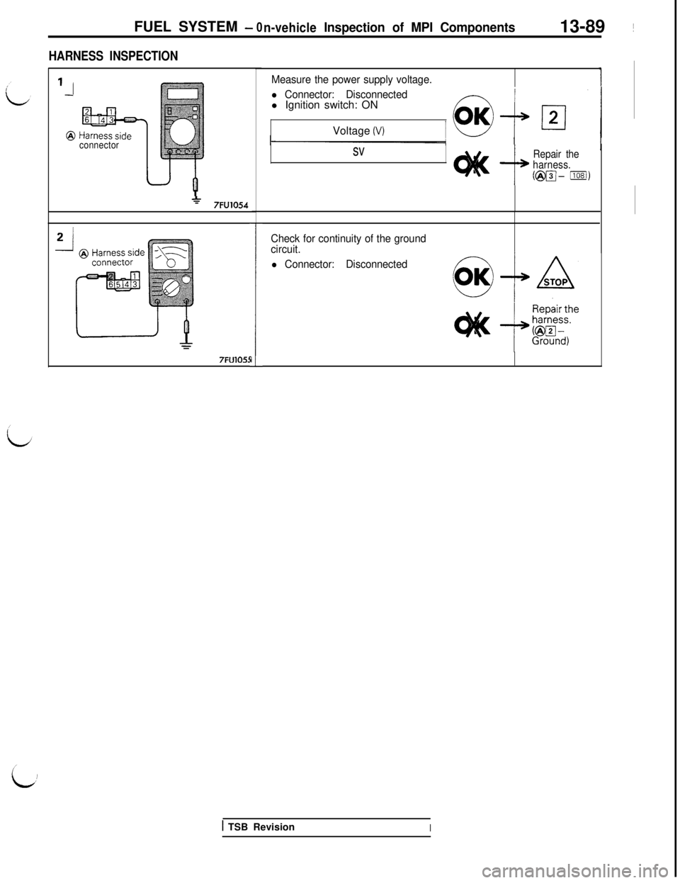 MITSUBISHI 3000GT 1991 Service Manual FUEL SYSTEM - 0n-vehicleInspection of MPI Components13-89 ~
HARNESS INSPECTION
1
connector
*7FU10547FU105:
ii
Measure the power supply voltage.
l Connector: Disconnectedl Ignition switch: ON
Voltage
MITSUBISHI 3000GT 1991 Service Manual FUEL SYSTEM - 0n-vehicleInspection of MPI Components13-89 ~
HARNESS INSPECTION
1
connector
*7FU10547FU105:
ii
Measure the power supply voltage.
l Connector: Disconnectedl Ignition switch: ON
Voltage