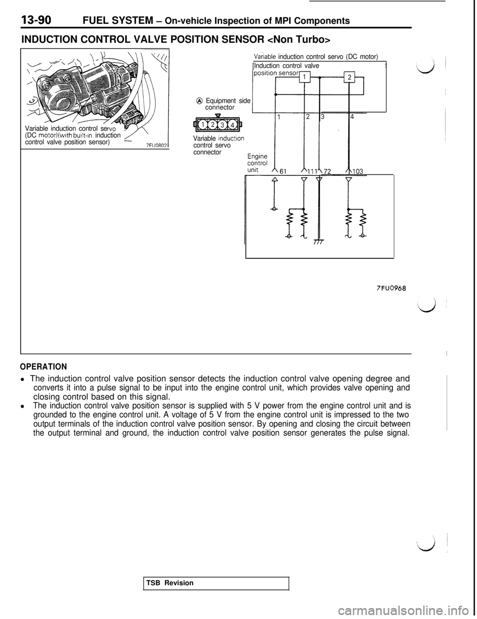 MITSUBISHI 3000GT 1991 Service Manual 13-90FUEL SYSTEM - On-vehicle Inspection of MPI Components
INDUCTION CONTROL VALVE POSITION SENSOR <Non Turbo>
Variable induction control se
(DC motor)(with built-In induction
control valve position s MITSUBISHI 3000GT 1991 Service Manual 13-90FUEL SYSTEM - On-vehicle Inspection of MPI Components
INDUCTION CONTROL VALVE POSITION SENSOR <Non Turbo>
Variable induction control se
(DC motor)(with built-In induction
control valve position s