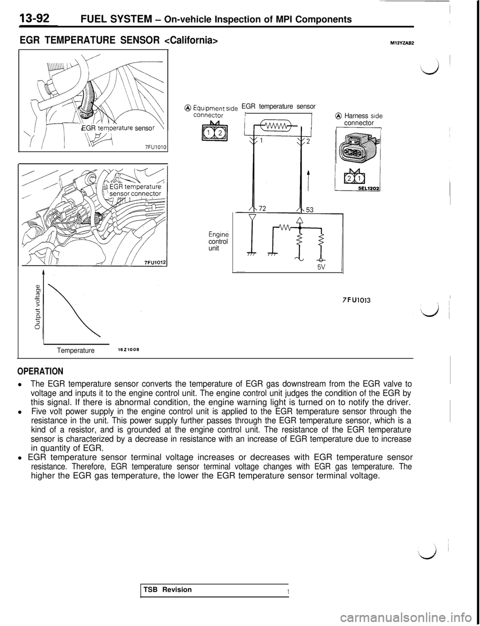 MITSUBISHI 3000GT 1991  Service Manual FUEL SYSTEM - On-vehicle Inspection of MPI Components
EGR TEMPERATURE SENSOR <California>M13YZh82
EGR tem0erature senso
7FUlOlO
@ Equipment s,de EGR temperature sensor
connectorII@ Harness side
Engine