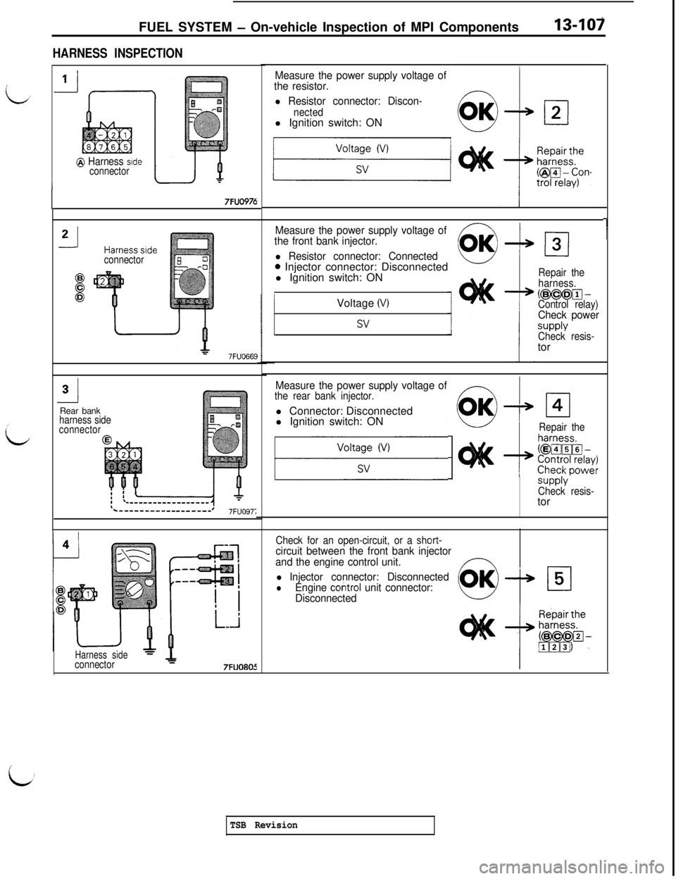 MITSUBISHI 3000GT 1991 Service Manual FUEL SYSTEM - On-vehicle Inspection of MPI Components13-107
HARNESS INSPECTION
@ Harness sideconnector
I
I
7FUO976
Measure the power supply voltage of
the resistor.
l Resistor connector: Discon-
necte MITSUBISHI 3000GT 1991 Service Manual FUEL SYSTEM - On-vehicle Inspection of MPI Components13-107
HARNESS INSPECTION
@ Harness sideconnector
I
I
7FUO976
Measure the power supply voltage of
the resistor.
l Resistor connector: Discon-
necte