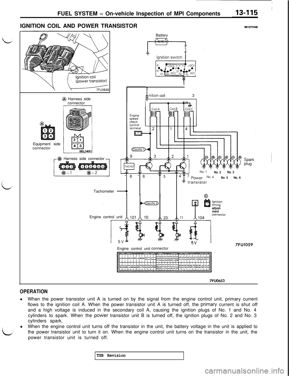 MITSUBISHI 3000GT 1991 Service Manual FUEL SYSTEM - On-vehicle Inspection of MPI Components
IGNITION COIL AND POWER TRANSISTOR
MlBYVABEquipment side
connector@ Harness side
connector@ Harness side connector
Tachometer
-1Battery
/gnition c MITSUBISHI 3000GT 1991 Service Manual FUEL SYSTEM - On-vehicle Inspection of MPI Components
IGNITION COIL AND POWER TRANSISTOR
MlBYVABEquipment side
connector@ Harness side
connector@ Harness side connector
Tachometer
-1Battery
/gnition c