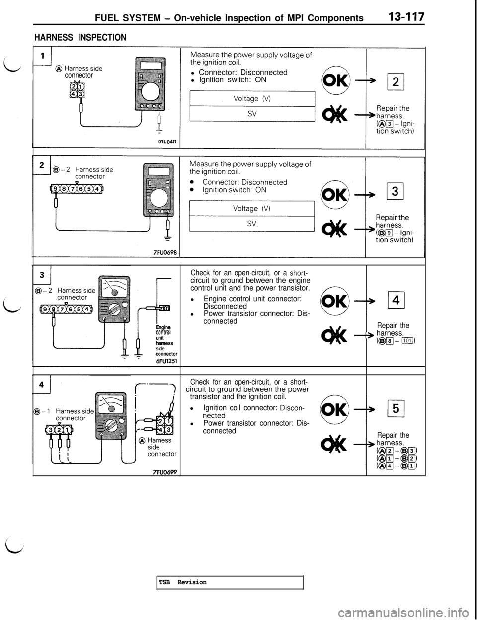 MITSUBISHI 3000GT 1991 Service Manual FUEL SYSTEM - On-vehicle Inspection of MPI Components13-117
HARNESS INSPECTION
connectorl Connector: Disconnected
l Ignition switch: ON
Check for an open-circuit, or a short-
P
circuit to ground betwe MITSUBISHI 3000GT 1991 Service Manual FUEL SYSTEM - On-vehicle Inspection of MPI Components13-117
HARNESS INSPECTION
connectorl Connector: Disconnected
l Ignition switch: ON
Check for an open-circuit, or a short-
P
circuit to ground betwe