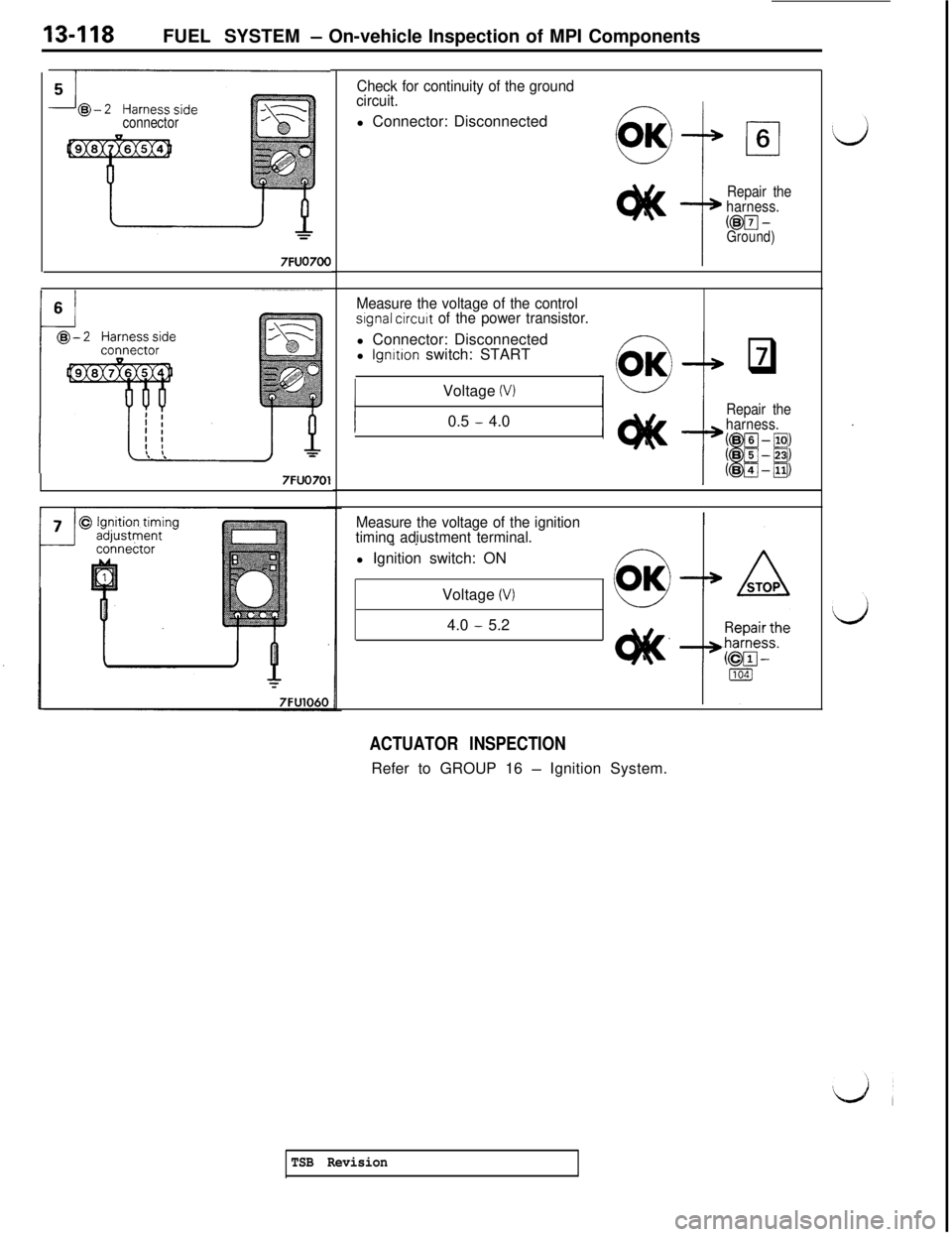 MITSUBISHI 3000GT 1991 Service Manual 13-118FUEL SYSTEM- On-vehicle Inspection of MPI Components
connector
7FUO700
7FUO701
Check for continuity of the ground
circuit.
(1Il Connector: Disconnected
Repair the
harness.@pJ
-Ground)
Measure t MITSUBISHI 3000GT 1991 Service Manual 13-118FUEL SYSTEM- On-vehicle Inspection of MPI Components
connector
7FUO700
7FUO701
Check for continuity of the ground
circuit.
(1Il Connector: Disconnected
Repair the
harness.@pJ
-Ground)
Measure t