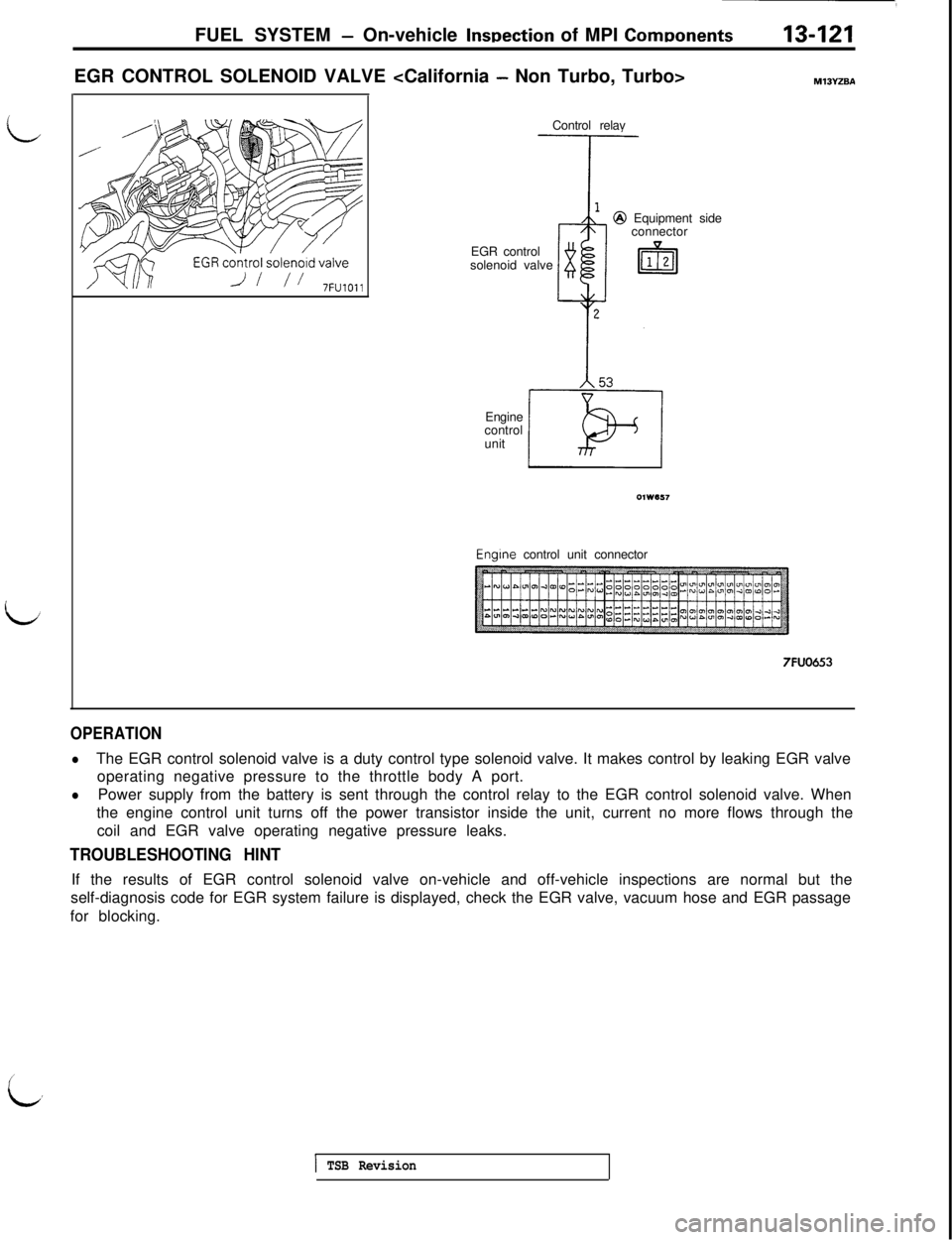 MITSUBISHI 3000GT 1991 Service Manual FUEL SYSTEM - On-vehicle lnwection of MPI ComDonents13-121
LEGR CONTROL SOLENOID VALVE <California
- Non Turbo, Turbo>MlBYZBAControl relav
EGR control
solenoid valve@ Equipment side
connector
Engine
MITSUBISHI 3000GT 1991 Service Manual FUEL SYSTEM - On-vehicle lnwection of MPI ComDonents13-121
LEGR CONTROL SOLENOID VALVE <California
- Non Turbo, Turbo>MlBYZBAControl relav
EGR control
solenoid valve@ Equipment side
connector
Engine