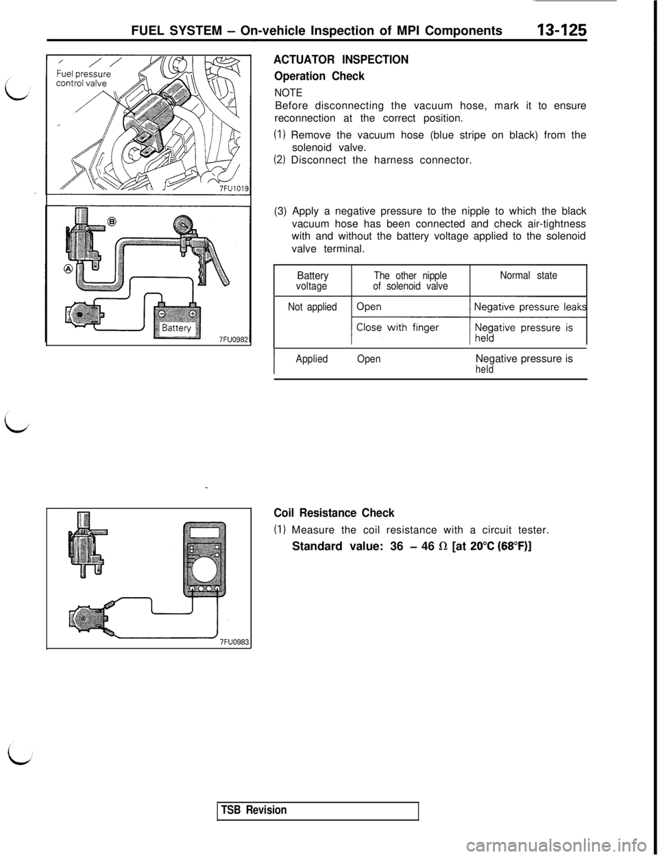 MITSUBISHI 3000GT 1991  Service Manual FUEL SYSTEM - On-vehicle Inspection of MPI Components13-125
ACTUATOR INSPECTION
Operation Check
NOTEBefore disconnecting the vacuum hose, mark it to ensure
reconnection at the correct position.
(1) Re