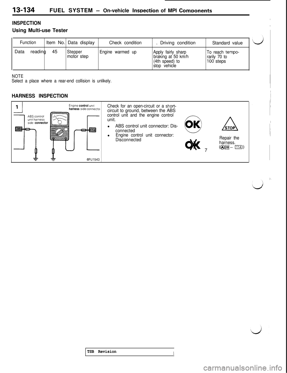 MITSUBISHI 3000GT 1991  Service Manual 13-134FUEL SYSTEM - On-vehicle InsDection of MPI ComDonents
INSPECTIONUsing Multi-use Tester
FunctionItem No. Data displayCheck condition. Driving conditionStandard valueData reading 45
Stepper
Engine