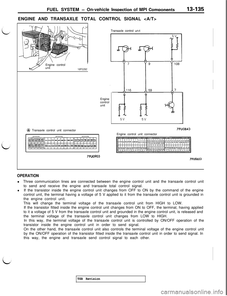 MITSUBISHI 3000GT 1991 Service Manual /
L/FUEL SYSTEM
- On-vehicle lnwection of MPI ComDonents13-135ENGINE AND TRANSAXLE TOTAL CONTROL SIGNAL <A/T>
Transaxle control unit
Engine control
unit
16FO292Engine
control
unit@ Transaxle control MITSUBISHI 3000GT 1991 Service Manual /
L/FUEL SYSTEM
- On-vehicle lnwection of MPI ComDonents13-135ENGINE AND TRANSAXLE TOTAL CONTROL SIGNAL <A/T>
Transaxle control unit
Engine control
unit
16FO292Engine
control
unit@ Transaxle control
