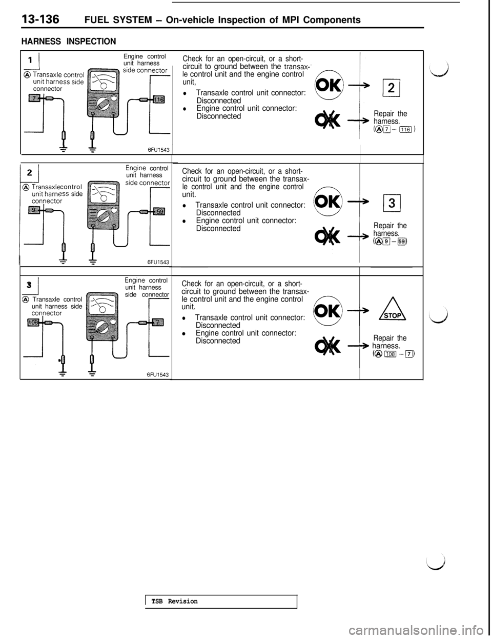 MITSUBISHI 3000GT 1991 Service Manual 13-136FUEL SYSTEM - On-vehicle Inspection of MPI Components
HARNESS INSPECTION
’ IEngine control
unit harness
&;;;;;g;;gconnector
.j/ \%: c.
T
Check for an open-circuit, or a short-circuit to ground MITSUBISHI 3000GT 1991 Service Manual 13-136FUEL SYSTEM - On-vehicle Inspection of MPI Components
HARNESS INSPECTION
’ IEngine control
unit harness
&;;;;;g;;gconnector
.j/ \%: c.
T
Check for an open-circuit, or a short-circuit to ground
