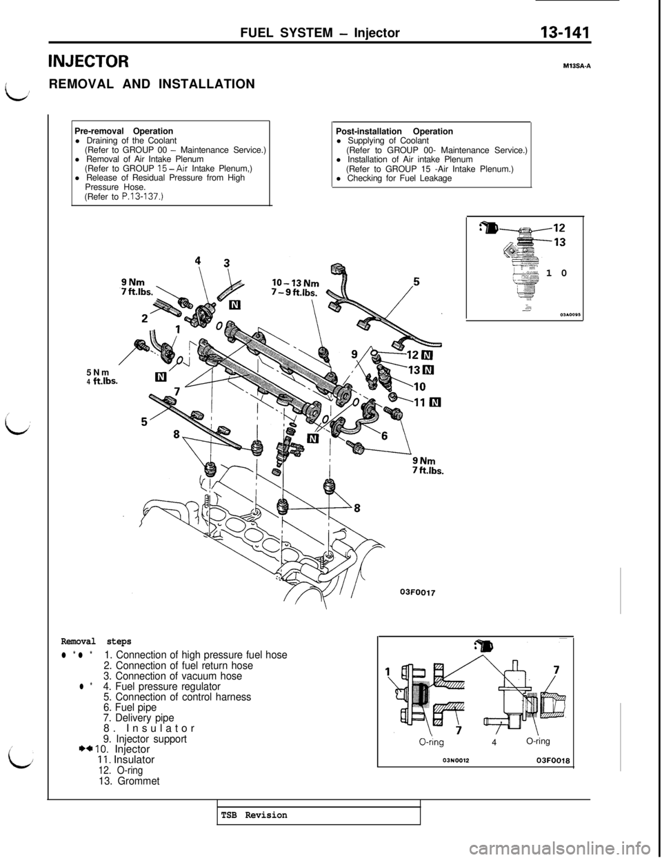 MITSUBISHI 3000GT 1991 Service Manual FUEL SYSTEM - Injector13-141
INJECTOR
LREMOVAL AND INSTALLATION
!
MlBSA-A
/
LPre-removal Operation
l Draining of the Coolant
(Refer to GROUP 00
- Maintenance Service.)
l Removal of Air Intake Plenum
MITSUBISHI 3000GT 1991 Service Manual FUEL SYSTEM - Injector13-141
INJECTOR
LREMOVAL AND INSTALLATION
!
MlBSA-A
/
LPre-removal Operation
l Draining of the Coolant
(Refer to GROUP 00
- Maintenance Service.)
l Removal of Air Intake Plenum