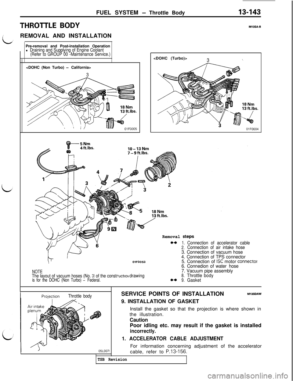 MITSUBISHI 3000GT 1991 Service Manual FUEL SYSTEM - Throttle Body13-143Pre-removal and Post-installation Operation
l Draining and Supplying of Engine Coolant
(Refer to GROUP 00 -Maintenance Service.)<DOHC (Non Turbo)
- California>
3
THRO MITSUBISHI 3000GT 1991 Service Manual FUEL SYSTEM - Throttle Body13-143Pre-removal and Post-installation Operation
l Draining and Supplying of Engine Coolant
(Refer to GROUP 00 -Maintenance Service.)<DOHC (Non Turbo)
- California>
3
THRO