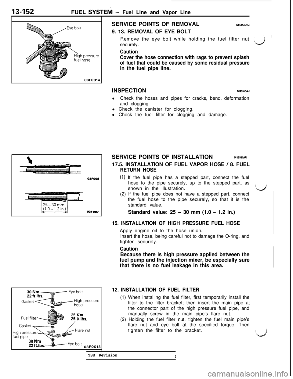 MITSUBISHI 3000GT 1991 Service Manual 13-152FUEL SYSTEM- Fuel Line and Vapor Line
03FOO3
05FOO735 Nm7r; ft
Ihr-k” ._..I_.
@dFlare nut,xSERVICE POINTS OF REMOVAL
MlBKBAQ9. 13. REMOVAL OF EYE BOLT
Remove the eye bolt while holding the fu MITSUBISHI 3000GT 1991 Service Manual 13-152FUEL SYSTEM- Fuel Line and Vapor Line
03FOO3
05FOO735 Nm7r; ft
Ihr-k” ._..I_.
@dFlare nut,xSERVICE POINTS OF REMOVAL
MlBKBAQ9. 13. REMOVAL OF EYE BOLT
Remove the eye bolt while holding the fu