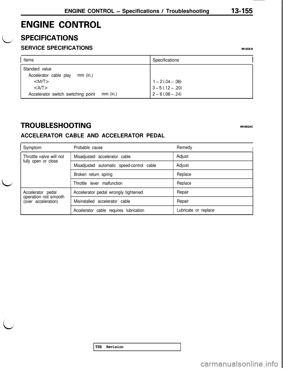 MITSUBISHI 3000GT 1991 Service Manual ENGINE CONTROL - Specifications / Troubleshooting13-155
ENGINE CONTROL
i; SPECIFICATIONSSERVICE SPECIFICATIONS
M13CEB
IItems
Standard value
Accelerator cable playmm (in.)
<M/T>
<AA>
Accelerator switch MITSUBISHI 3000GT 1991 Service Manual ENGINE CONTROL - Specifications / Troubleshooting13-155
ENGINE CONTROL
i; SPECIFICATIONSSERVICE SPECIFICATIONS
M13CEB
IItems
Standard value
Accelerator cable playmm (in.)
<M/T>
<AA>
Accelerator switch