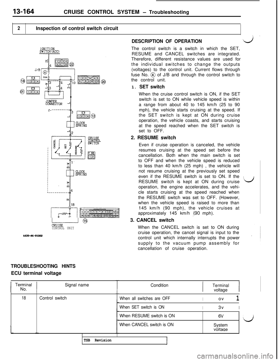 MITSUBISHI 3000GT 1991 Service Manual 13-164CRUISE CONTROL SYSTEM - Troubleshooting
2Inspection of control switch circuit
IGNITIONSWITCHtACC)
*X35-AK-R1302r-
._--------
LE- @CONTROL UNIT
TROUBLESHOOTING HINTSECU terminal voltage
DESCRIPTI MITSUBISHI 3000GT 1991 Service Manual 13-164CRUISE CONTROL SYSTEM - Troubleshooting
2Inspection of control switch circuit
IGNITIONSWITCHtACC)
*X35-AK-R1302r-
._--------
LE- @CONTROL UNIT
TROUBLESHOOTING HINTSECU terminal voltage
DESCRIPTI