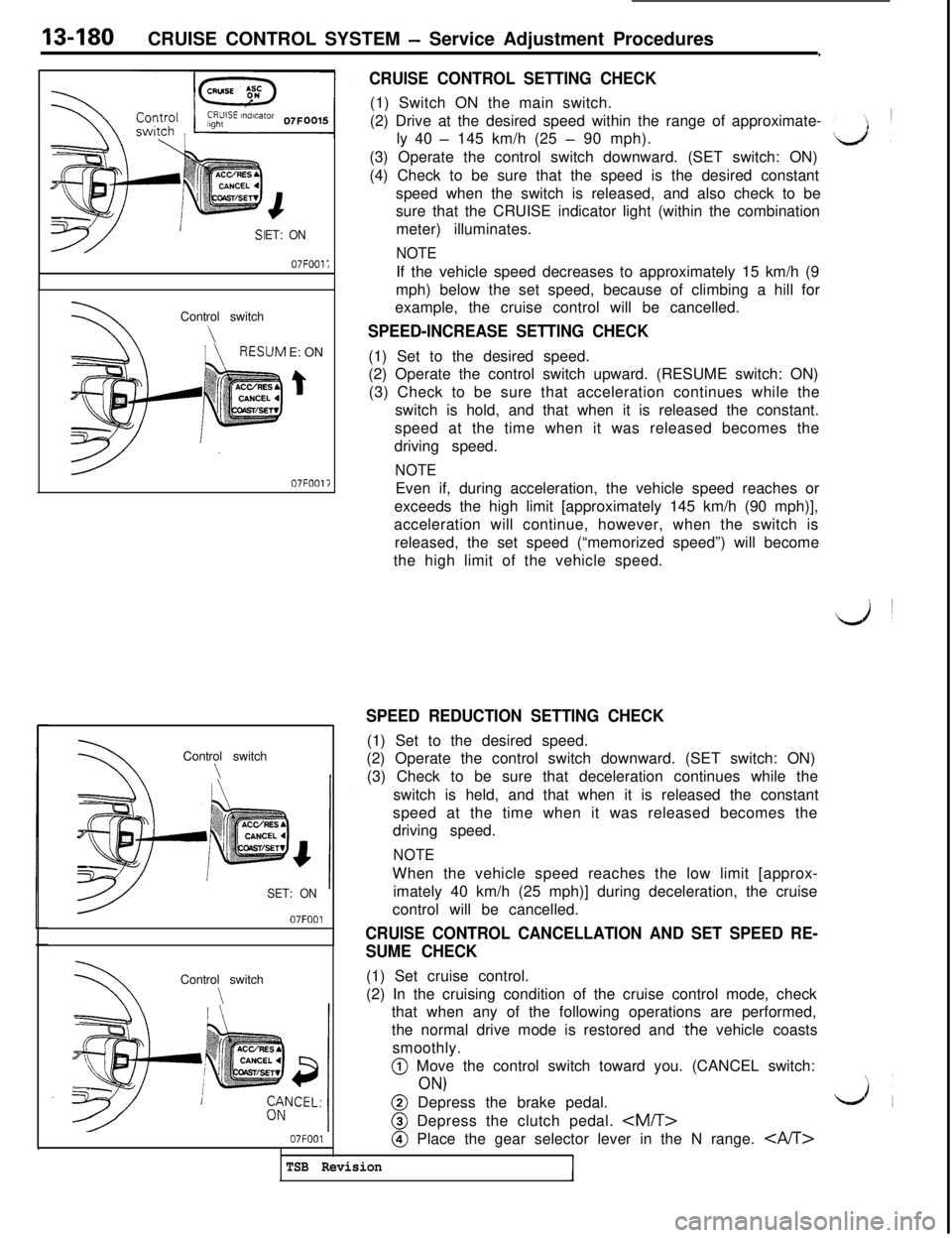 MITSUBISHI 3000GT 1991  Service Manual 13-180CRUISE CONTROL SYSTEM - Service Adjustment Procedures.
4
ET: ON
07FOOl;Control switch
\E: ON
t
07FOOliControl switch
\
SET: ON
07FOOlControl switch
\
07FOOl
CRUISE CONTROL SETTING CHECK(1) Switc