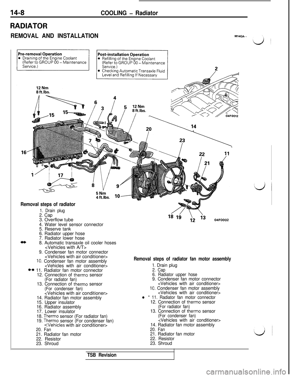 MITSUBISHI 3000GT 1991 Service Manual 14-8COOLING - Radiator
RADIATOR
REMOVAL AND INSTALLATIONM14QA..
Removal steps of radiator
1. Drain plug2. Cap3. Overflow tube
4. Water level sensor connector
5. Reserve tank
6. Radiator upper hose
7. MITSUBISHI 3000GT 1991 Service Manual 14-8COOLING - Radiator
RADIATOR
REMOVAL AND INSTALLATIONM14QA..
Removal steps of radiator
1. Drain plug2. Cap3. Overflow tube
4. Water level sensor connector
5. Reserve tank
6. Radiator upper hose
7.