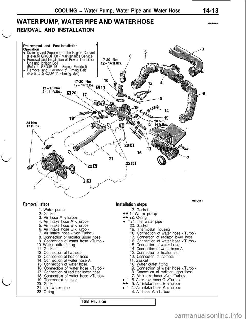 MITSUBISHI 3000GT 1991 Service Manual COOLING - Water Pump, Water Pipe and Water Hose
WATER PUMP, WATER PIPE AND WATER HOSE
14-13
M14MB-B
/REMOVAL AND INSTALLATION
Pre-removal and Post-installation
Operation
l Draining and Supplying of th MITSUBISHI 3000GT 1991 Service Manual COOLING - Water Pump, Water Pipe and Water Hose
WATER PUMP, WATER PIPE AND WATER HOSE
14-13
M14MB-B
/REMOVAL AND INSTALLATION
Pre-removal and Post-installation
Operation
l Draining and Supplying of th