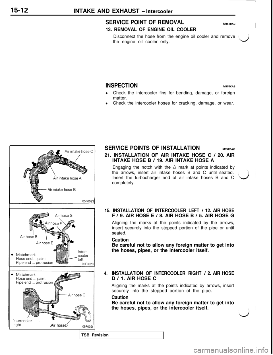 MITSUBISHI 3000GT 1991 Service Manual 15-12INTAKE AND EXHAUST - lntercooier
SERVICE POINT OF REMOVALMlSTSAC
13. REMOVAL OF ENGINE OIL COOLERIDisconnect the hose from the engine oil cooler and remove
the engine oil cooler only.
IL)
INSPECT MITSUBISHI 3000GT 1991 Service Manual 15-12INTAKE AND EXHAUST - lntercooier
SERVICE POINT OF REMOVALMlSTSAC
13. REMOVAL OF ENGINE OIL COOLERIDisconnect the hose from the engine oil cooler and remove
the engine oil cooler only.
IL)
INSPECT