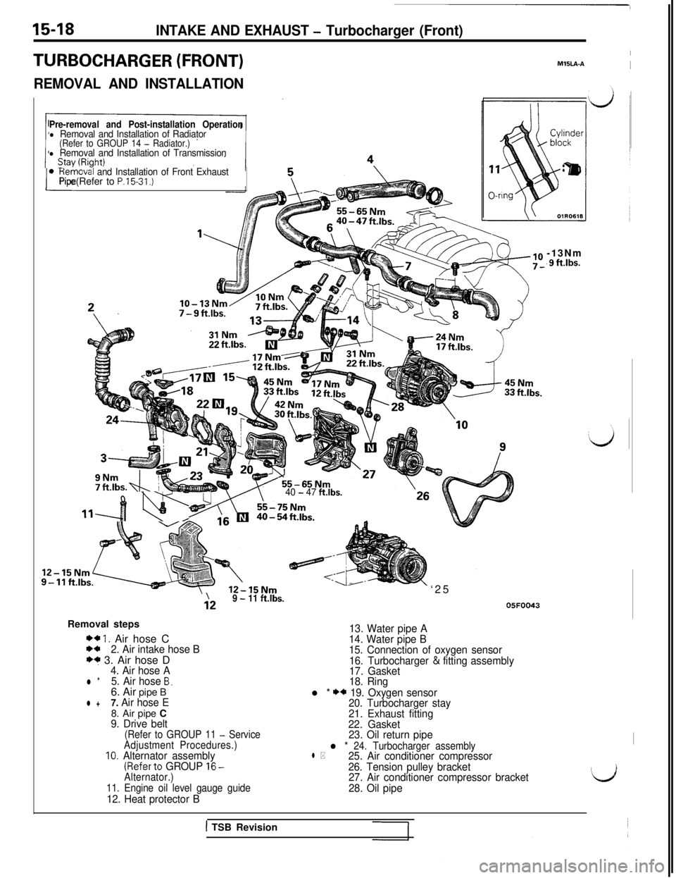 MITSUBISHI 3000GT 1991 Service Manual 15-18INTAKE AND EXHAUST - Turbocharger (Front)
TURBOCHARGER (FRONT)
REMOVAL AND INSTALLATION
Pre-removal and Post-installation Operationl Removal and Installation of Radiator(Refer to GROUP 14 - Radia MITSUBISHI 3000GT 1991 Service Manual 15-18INTAKE AND EXHAUST - Turbocharger (Front)
TURBOCHARGER (FRONT)
REMOVAL AND INSTALLATION
Pre-removal and Post-installation Operationl Removal and Installation of Radiator(Refer to GROUP 14 - Radia