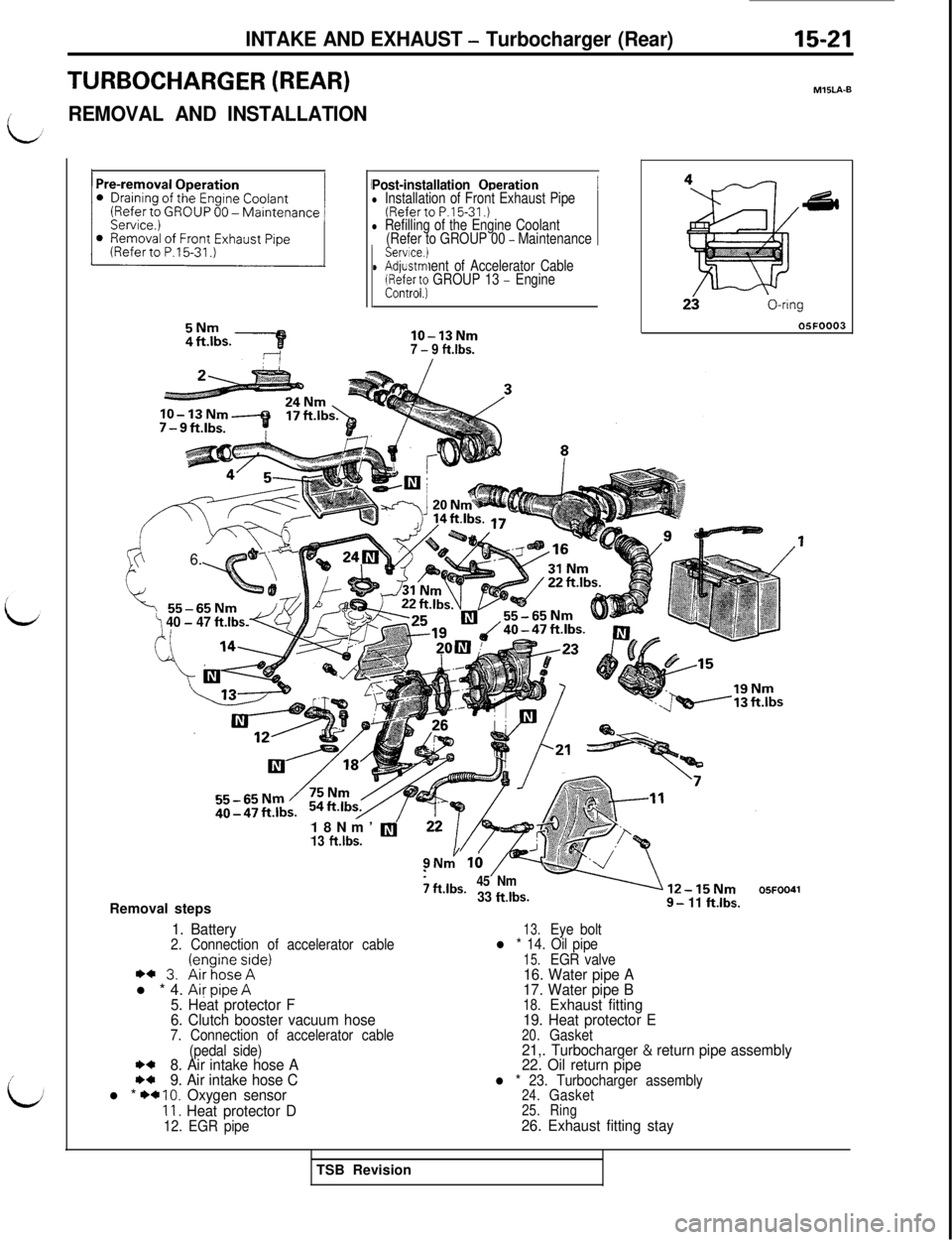 MITSUBISHI 3000GT 1991 Service Manual INTAKE AND EXHAUST - Turbocharger (Rear)15-21
TURBOCHARGER (REAR)
iREMOVAL AND INSTALLATION
/
id
Post-installation ODerationIl Installation of Front Exhaust Pipe(Referto P.15-31.)l Refilling of the En MITSUBISHI 3000GT 1991 Service Manual INTAKE AND EXHAUST - Turbocharger (Rear)15-21
TURBOCHARGER (REAR)
iREMOVAL AND INSTALLATION
/
id
Post-installation ODerationIl Installation of Front Exhaust Pipe(Referto P.15-31.)l Refilling of the En