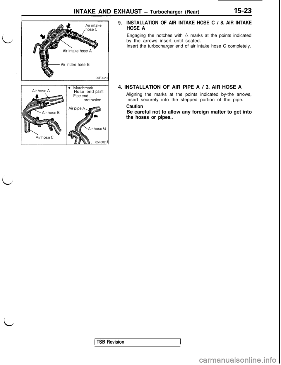 MITSUBISHI 3000GT 1991 Service Manual INTAKE AND EXHAUST - Turbocharger (Rear)15-23
Air intake hose A
Air intake hose BHose end
paint
3
9.INSTALLATION OF AIR INTAKE HOSE C / 8. AIR INTAKE
HOSE AEngaging the notches with
n marks at the po MITSUBISHI 3000GT 1991 Service Manual INTAKE AND EXHAUST - Turbocharger (Rear)15-23
Air intake hose A
Air intake hose BHose end
paint
3
9.INSTALLATION OF AIR INTAKE HOSE C / 8. AIR INTAKE
HOSE AEngaging the notches with
n marks at the po