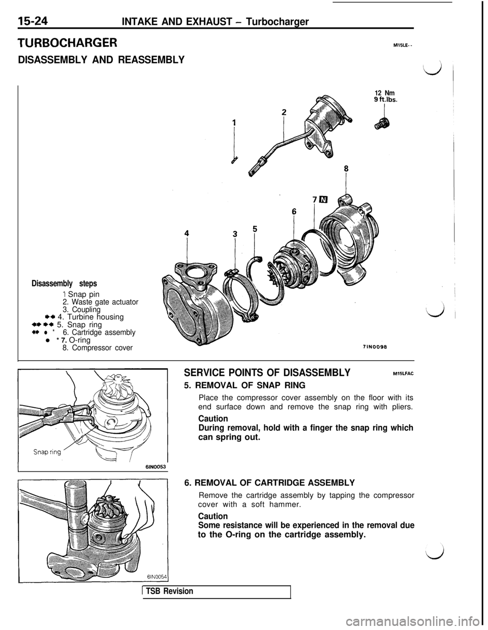 MITSUBISHI 3000GT 1991 Service Manual 15-24INTAKE AND EXHAUST - Turbocharger
TURBOCHARGERAIIlSLE- _
DISASSEMBLY AND REASSEMBLY
Disassembly steps
I Snap pin2. Waste gate actuator
3. Coupling
I)+ 4. Turbine housing** I)* 5. Snap ring+I) l * MITSUBISHI 3000GT 1991 Service Manual 15-24INTAKE AND EXHAUST - Turbocharger
TURBOCHARGERAIIlSLE- _
DISASSEMBLY AND REASSEMBLY
Disassembly steps
I Snap pin2. Waste gate actuator
3. Coupling
I)+ 4. Turbine housing** I)* 5. Snap ring+I) l *