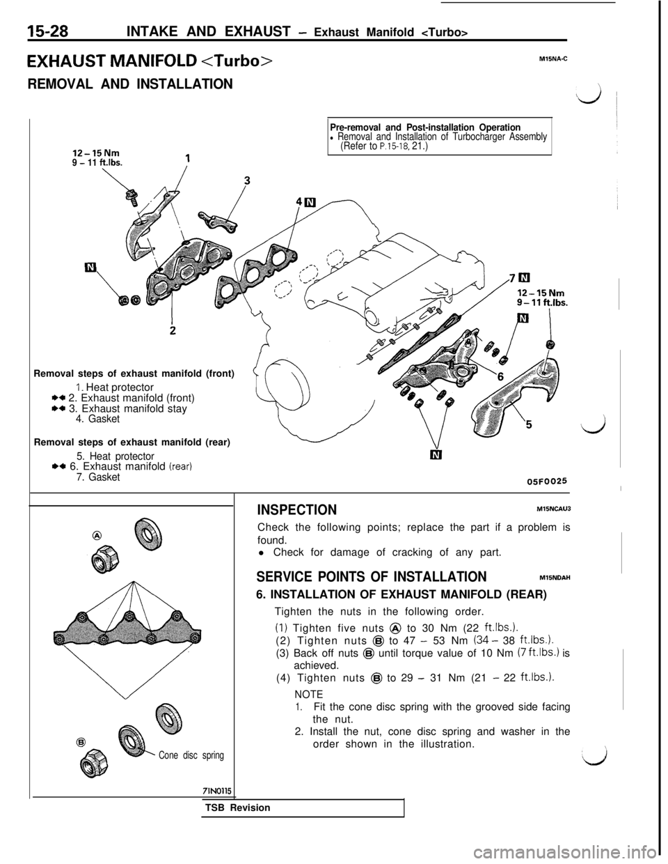 MITSUBISHI 3000GT 1991 Service Manual 15-28INTAKE AND EXHAUST - Exhaust Manifold <Turbo>
EXHAUST MANIFOLD <Turbo>
REMOVAL AND INSTALLATION
MlINA-C
12-15Nm9 - 11 ft.lbs.
Pre-removal and Post-installation Operationl Removal and Installation MITSUBISHI 3000GT 1991 Service Manual 15-28INTAKE AND EXHAUST - Exhaust Manifold <Turbo>
EXHAUST MANIFOLD <Turbo>
REMOVAL AND INSTALLATION
MlINA-C
12-15Nm9 - 11 ft.lbs.
Pre-removal and Post-installation Operationl Removal and Installation