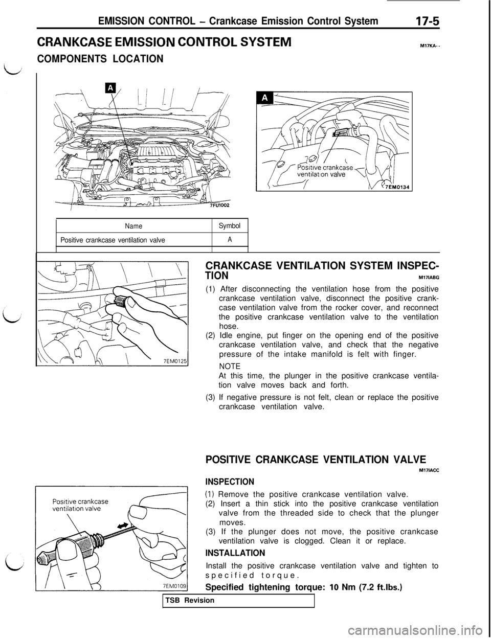 MITSUBISHI 3000GT 1991 Service Manual EMISSION CONTROL - Crankcase Emission Control System17-5
CRANKCASE EMISSION CONTROL SYSTEM
COMPONENTS LOCATIONJ
Ir--‘-l7FU1002
Name
Positive crankcase ventilation valveSymbolA
i{
ventilation valve\ MITSUBISHI 3000GT 1991 Service Manual EMISSION CONTROL - Crankcase Emission Control System17-5
CRANKCASE EMISSION CONTROL SYSTEM
COMPONENTS LOCATIONJ
Ir--‘-l7FU1002
Name
Positive crankcase ventilation valveSymbolA
i{
ventilation valve\
