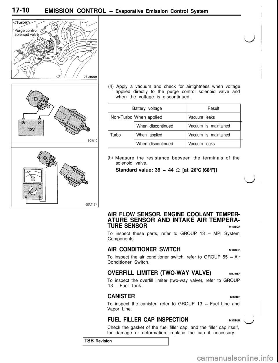 MITSUBISHI 3000GT 1991 Service Manual 17-10EMISSION CONTROL - Evaporative Emission Control System
I-6EM13i(4) Apply a vacuum and check for airtightness when voltage
applied directly to the purge control solenoid valve and
when the voltage MITSUBISHI 3000GT 1991 Service Manual 17-10EMISSION CONTROL - Evaporative Emission Control System
I-6EM13i(4) Apply a vacuum and check for airtightness when voltage
applied directly to the purge control solenoid valve and
when the voltage