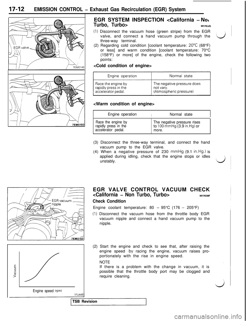 MITSUBISHI 3000GT 1991 Service Manual 17-12EMISSION CONTROL - Exhaust Gas Recirculation (EGR) System
Engine speed (rpm)1 FU44lEGR SYSTEM INSPECTION <California
- No,
Turbo, Turbo>M171WQ
(1) Disconnect the vacuum hose (green stripe) from MITSUBISHI 3000GT 1991 Service Manual 17-12EMISSION CONTROL - Exhaust Gas Recirculation (EGR) System
Engine speed (rpm)1 FU44lEGR SYSTEM INSPECTION <California
- No,
Turbo, Turbo>M171WQ
(1) Disconnect the vacuum hose (green stripe) from