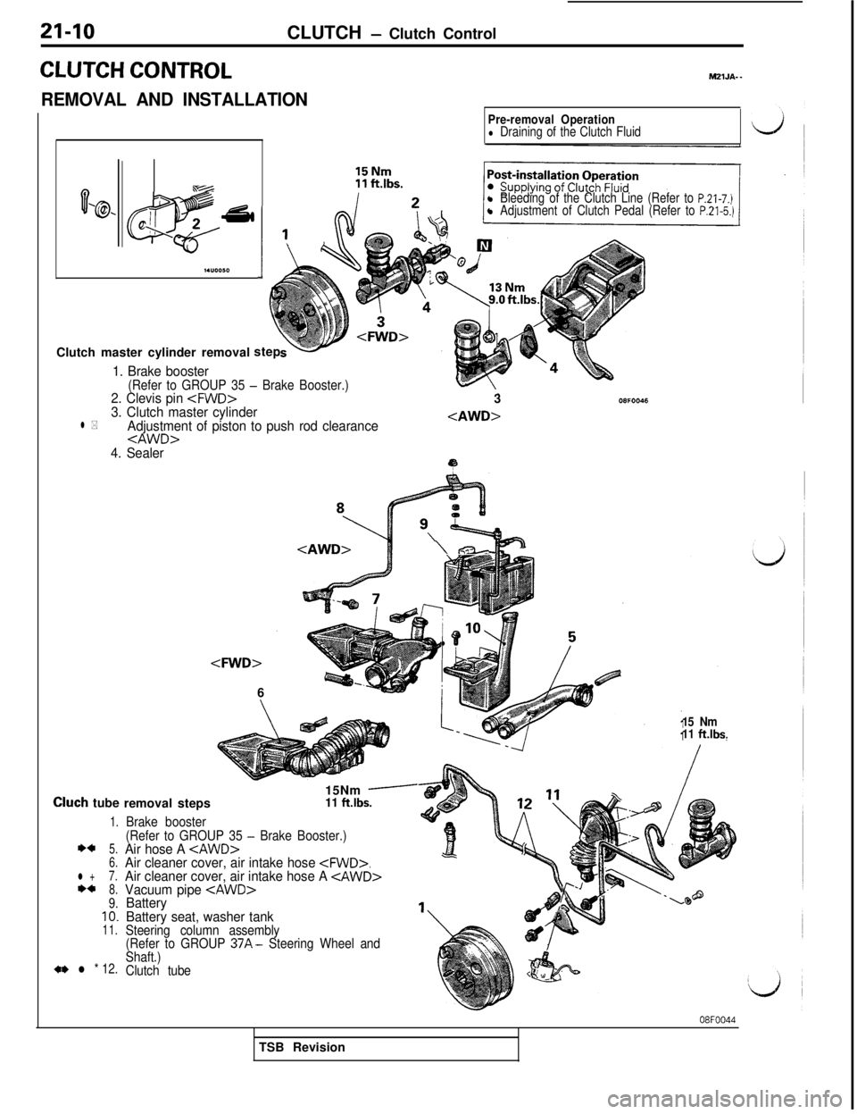 MITSUBISHI 3000GT 1991  Service Manual a-10CLUTCH - Clutch Control
CLUTCH CONTROL
REMOVAL AND INSTALLATIONMZlJA-
 -
03% J 2’ti
m
I.“0050I
Pre-removal Operationl Draining of the Clutch Fluid
l Bleeding of the Clutch Line (Refer to P.21-