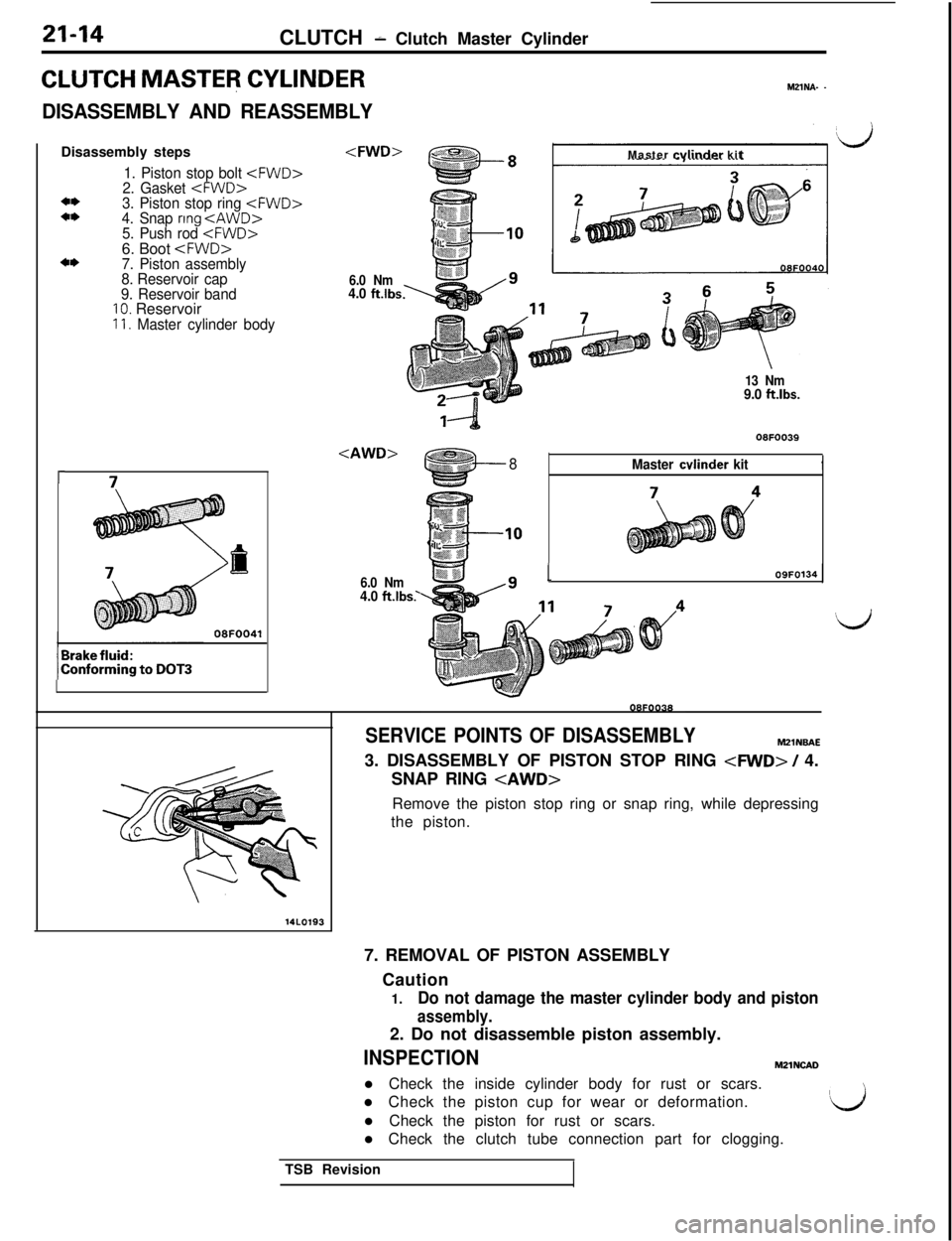 MITSUBISHI 3000GT 1991 Service Manual 21-14CLUTCH i Clutch Master Cylinder
CLUTCH MASTER CYLINDER
DISASSEMBLY AND REASSEMBLY
M21NA. -Disassembly steps
1. Piston stop bolt <FWD>2. Gasket <FWD>a*3. Piston stop ring <FWD>*I)4. Snap ring <AWD MITSUBISHI 3000GT 1991 Service Manual 21-14CLUTCH i Clutch Master Cylinder
CLUTCH MASTER CYLINDER
DISASSEMBLY AND REASSEMBLY
M21NA. -Disassembly steps
1. Piston stop bolt <FWD>2. Gasket <FWD>a*3. Piston stop ring <FWD>*I)4. Snap ring <AWD