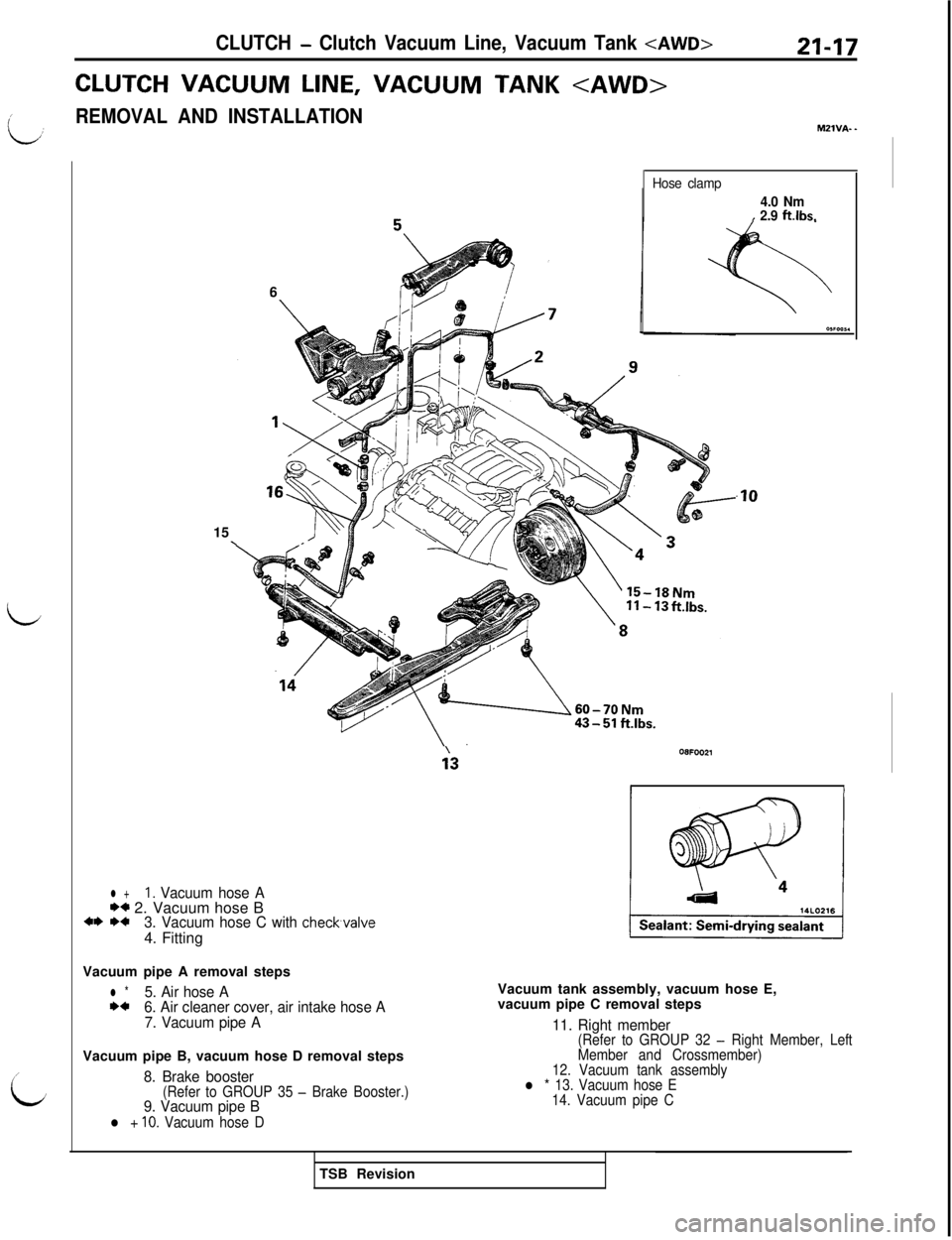 MITSUBISHI 3000GT 1991 Service Manual CLUTCH - Clutch Vacuum Line, Vacuum Tank <AWD>
CLUTCH VACUUM LINE, VACUUM TANK <AWD>
REMOVAL AND INSTALLATION
21-17M21VA-
_
I
i6
Hose clamp
4.0 NmI2.9 ftlbs.
.lO15
\
;308FOO21
II
l +1. Vacuum hose AI MITSUBISHI 3000GT 1991 Service Manual CLUTCH - Clutch Vacuum Line, Vacuum Tank <AWD>
CLUTCH VACUUM LINE, VACUUM TANK <AWD>
REMOVAL AND INSTALLATION
21-17M21VA-
_
I
i6
Hose clamp
4.0 NmI2.9 ftlbs.
.lO15
\
;308FOO21
II
l +1. Vacuum hose AI