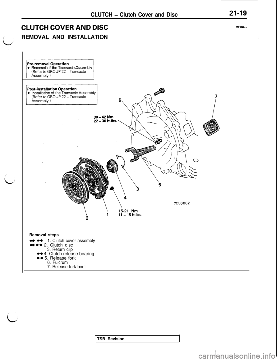 MITSUBISHI 3000GT 1991 Service Manual CLUTCH - Clutch Cover and Disc
CLUTCH COVER AND DISC
REMOVAL AND INSTALLATION
21-19
M21GA-.
I
)Il Removal of the Transaxle Assembly
30-42Nm
\\115-21 Nm11 - 15 klbs.2Removal steps
M w1. Clutch cover as MITSUBISHI 3000GT 1991 Service Manual CLUTCH - Clutch Cover and Disc
CLUTCH COVER AND DISC
REMOVAL AND INSTALLATION
21-19
M21GA-.
I
)Il Removal of the Transaxle Assembly
30-42Nm
\\115-21 Nm11 - 15 klbs.2Removal steps
M w1. Clutch cover as
